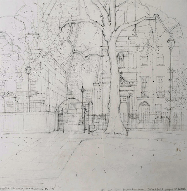 'Towards St.Patrick's Church and Centre Point from Soho Square', 2012, pencil